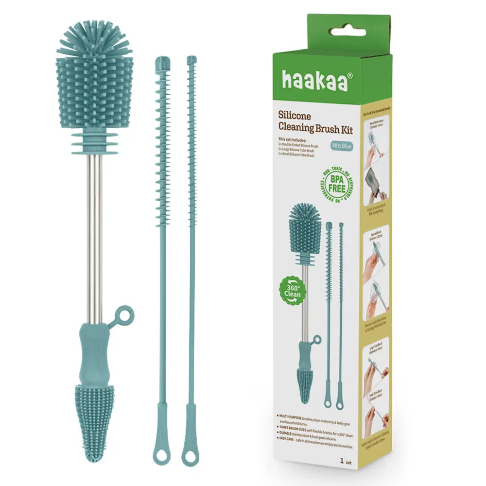 Haakaa Silicone Cleaning Brush Kit – Complete Cleaning Set for Feeding Essentials – Mist Blue