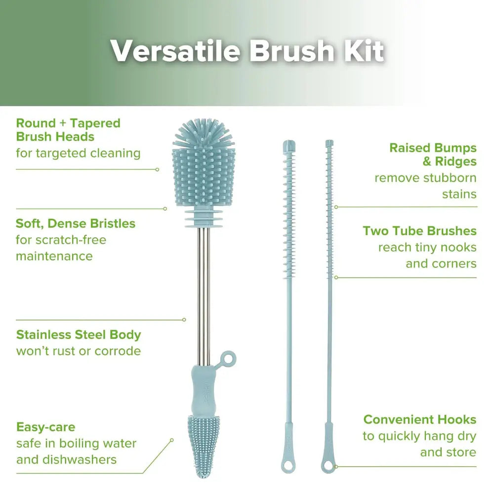 Haakaa Silicone Cleaning Brush Kit – Complete Cleaning Set for Feeding Essentials – Mist Blue