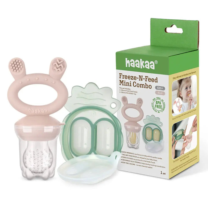 Haakaa Freeze-N-Feed Mini Combo – Silicone Feeder &amp; Tray for Teething &amp; Feeding – Blush