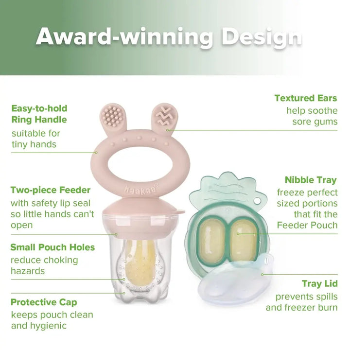 Haakaa Freeze-N-Feed Mini Combo – Silicone Feeder &amp; Tray for Teething &amp; Feeding – Blush