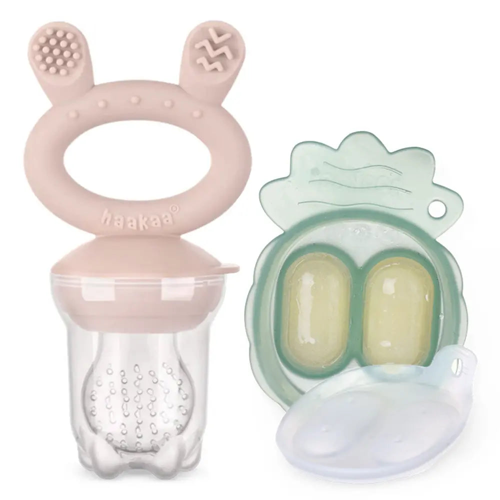 Haakaa Freeze-N-Feed Mini Combo – Silicone Feeder &amp; Tray for Teething &amp; Feeding – Blush