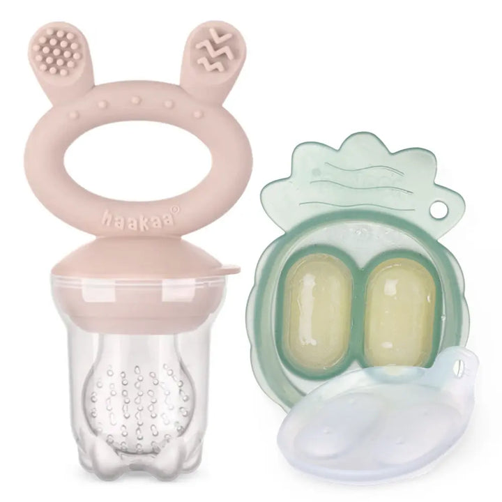 Haakaa Freeze-N-Feed Mini Combo – Silicone Feeder &amp; Tray for Teething &amp; Feeding – Blush