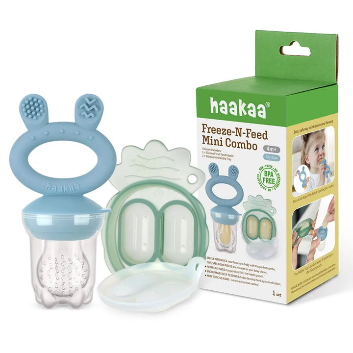 Haakaa Freeze-N-Feed Mini Combo – Silicone Feeder &amp; Tray for Teething &amp; Feeding – Sky Blue