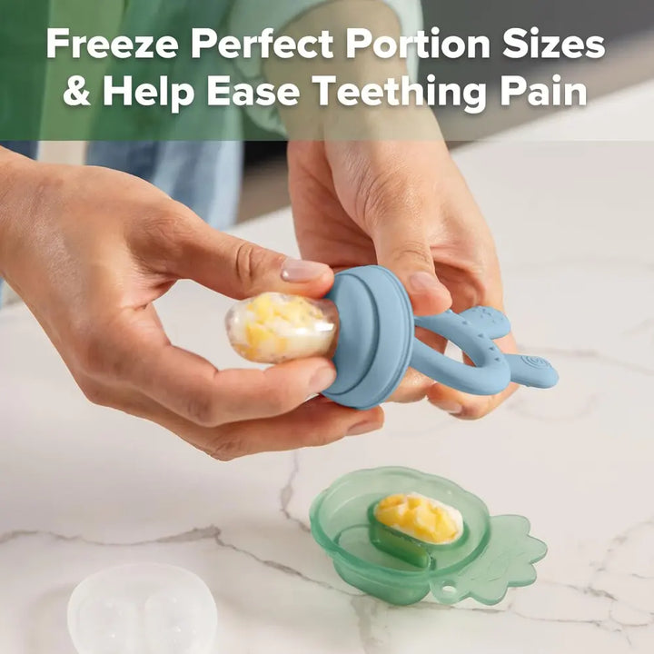 Haakaa Freeze-N-Feed Mini Combo – Silicone Feeder &amp; Tray for Teething &amp; Feeding – Sky Blue