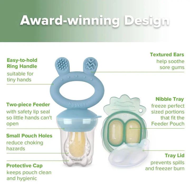 Haakaa Freeze-N-Feed Mini Combo – Silicone Feeder &amp; Tray for Teething &amp; Feeding – Sky Blue