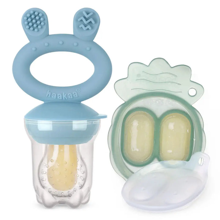 Haakaa Freeze-N-Feed Mini Combo – Silicone Feeder &amp; Tray for Teething &amp; Feeding – Sky Blue