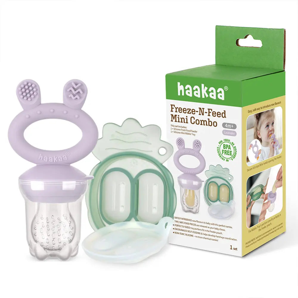 Haakaa Freeze-N-Feed Mini Combo – Silicone Feeder &amp; Tray for Teething &amp; Feeding – Lavender