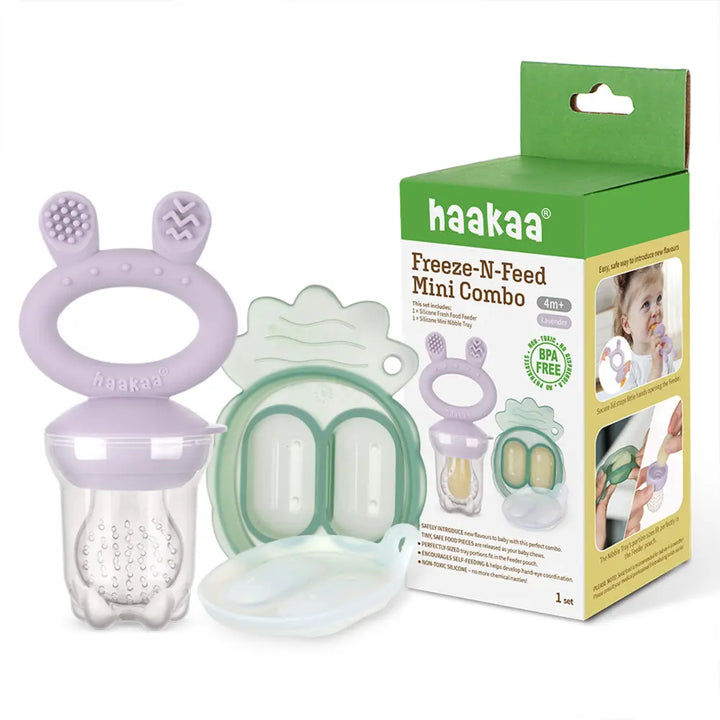 Haakaa Freeze-N-Feed Mini Combo – Silicone Feeder &amp; Tray for Teething &amp; Feeding – Lavender