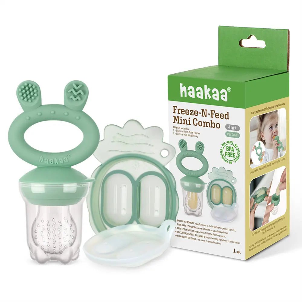 Haakaa Freeze-N-Feed Mini Combo – Silicone Feeder &amp; Tray for Teething &amp; Feeding – Pea Green