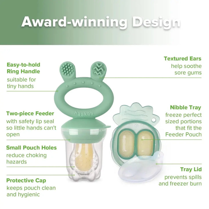 Haakaa Freeze-N-Feed Mini Combo – Silicone Feeder &amp; Tray for Teething &amp; Feeding – Pea Green