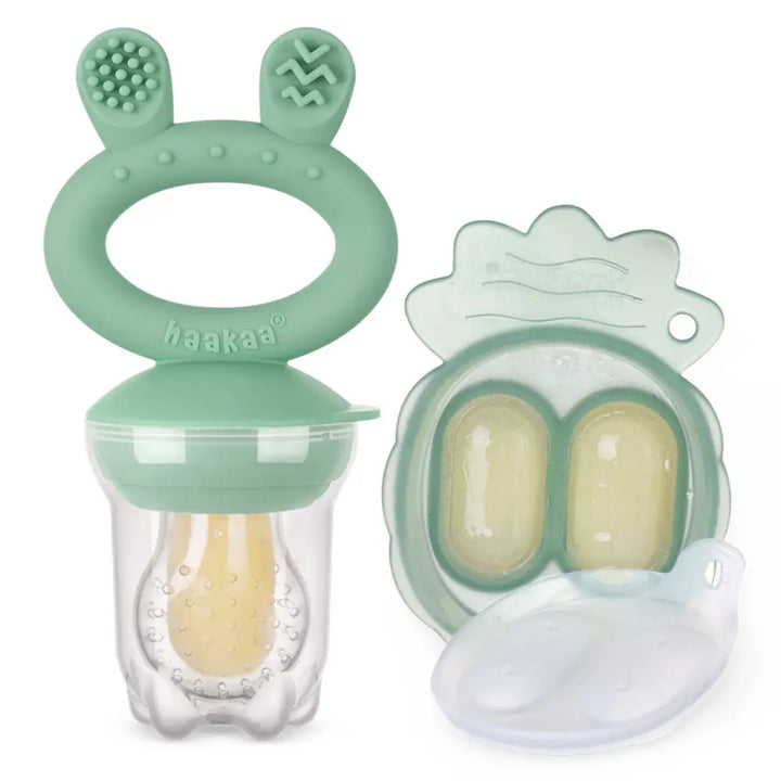 Haakaa Freeze-N-Feed Mini Combo – Silicone Feeder &amp; Tray for Teething &amp; Feeding – Pea Green