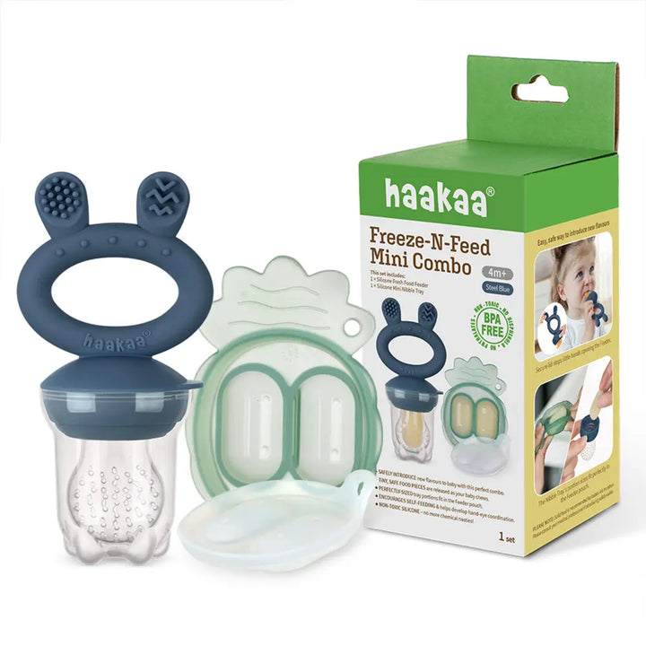 Haakaa Freeze-N-Feed Mini Combo – Silicone Feeder &amp; Tray for Teething &amp; Feeding – Steel Blue