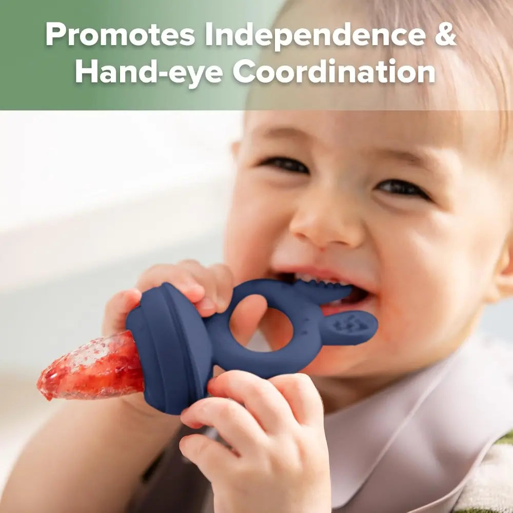 Haakaa Freeze-N-Feed Mini Combo – Silicone Feeder &amp; Tray for Teething &amp; Feeding – Steel Blue