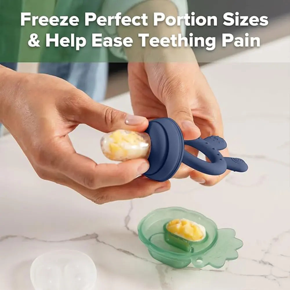 Haakaa Freeze-N-Feed Mini Combo – Silicone Feeder &amp; Tray for Teething &amp; Feeding – Steel Blue