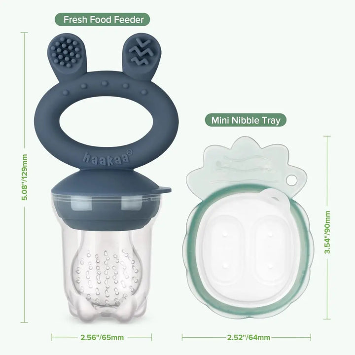 Haakaa Freeze-N-Feed Mini Combo – Silicone Feeder &amp; Tray for Teething &amp; Feeding – Steel Blue