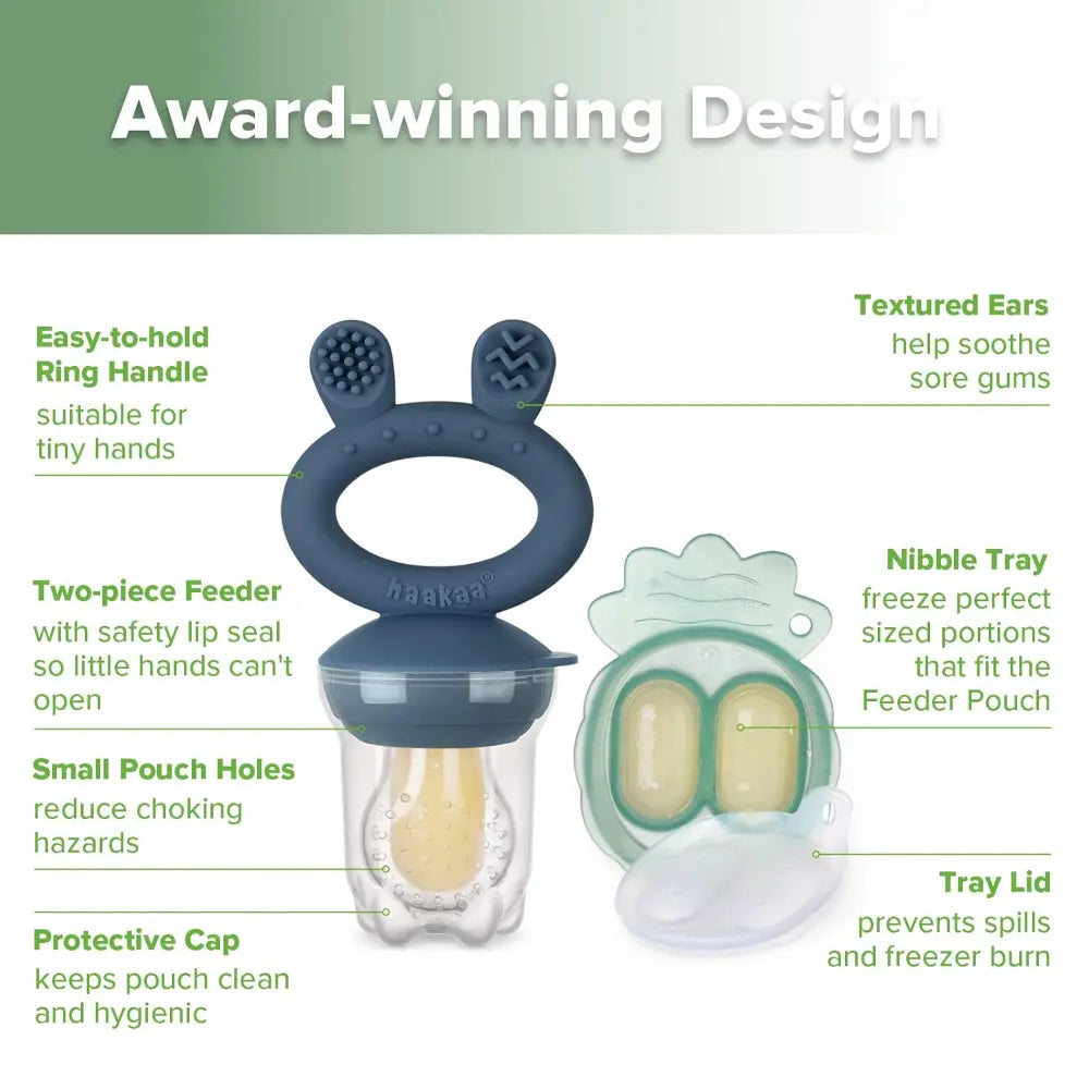 Haakaa Freeze-N-Feed Mini Combo – Silicone Feeder &amp; Tray for Teething &amp; Feeding – Steel Blue