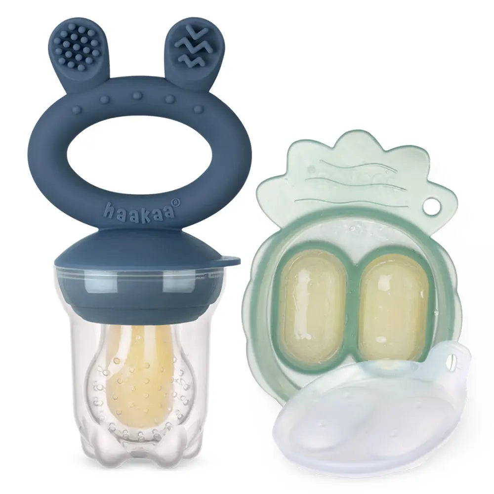 Haakaa Freeze-N-Feed Mini Combo – Silicone Feeder &amp; Tray for Teething &amp; Feeding – Steel Blue