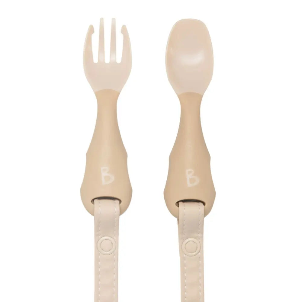 Bibado Handi Cutlery Set for Baby - Easy-Grip Spoon &amp; Fork with Attachable Straps - Brown