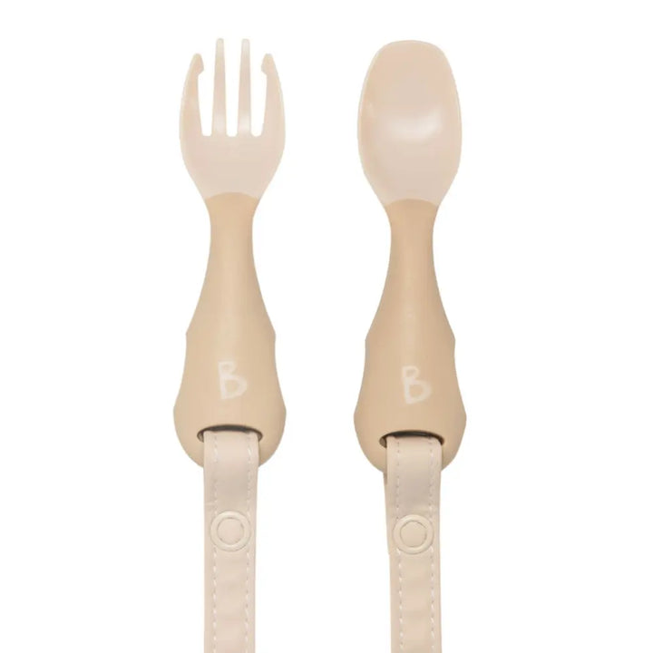 Bibado Handi Cutlery Set for Baby - Easy-Grip Spoon &amp; Fork with Attachable Straps - Brown