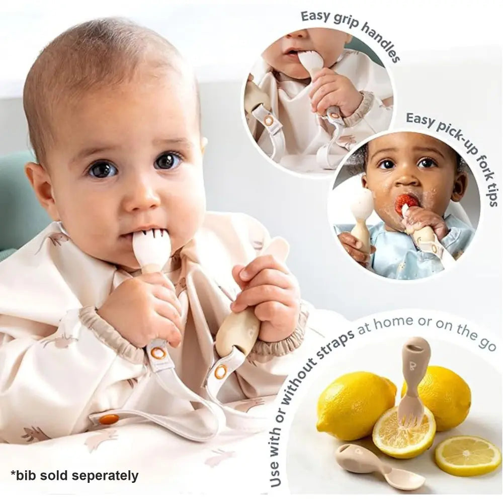 Bibado Handi Cutlery Set for Baby - Easy-Grip Spoon &amp; Fork with Attachable Straps - Brown