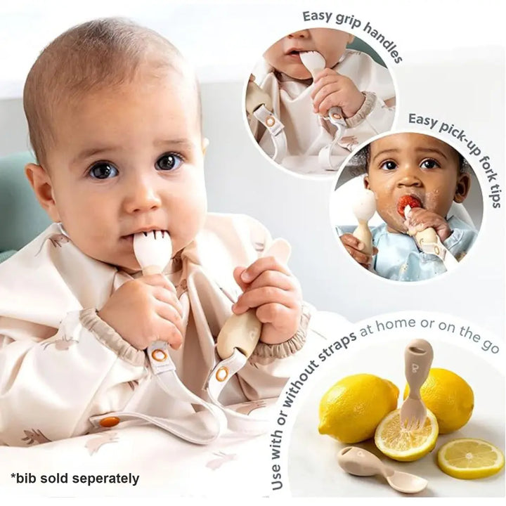 Bibado Handi Cutlery Set for Baby - Easy-Grip Spoon &amp; Fork with Attachable Straps - Brown