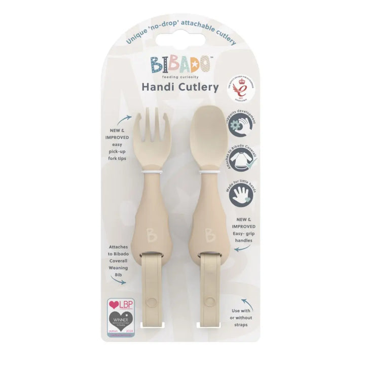 Bibado Handi Cutlery Set for Baby - Easy-Grip Spoon &amp; Fork with Attachable Straps - Brown