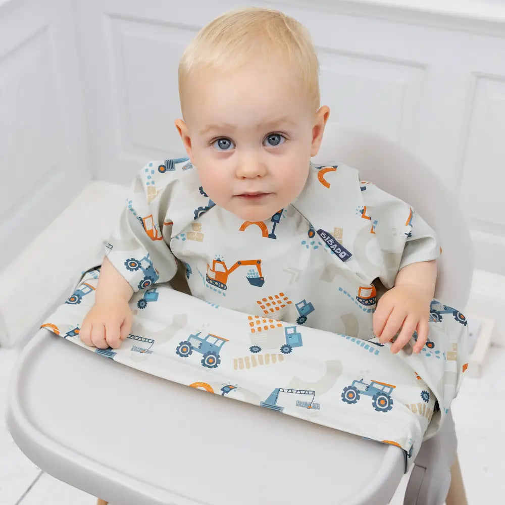 Bibado Stain &amp; Water Proof Short Sleeve Coverall Shirt Weaning Bib Little Loader - Grey - For Infants