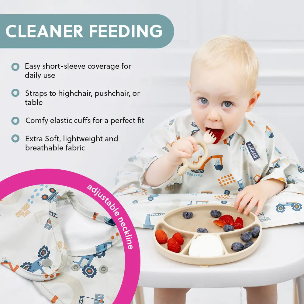 Bibado Stain &amp; Water Proof Short Sleeve Coverall Shirt Weaning Bib Little Loader - Grey - For Infants