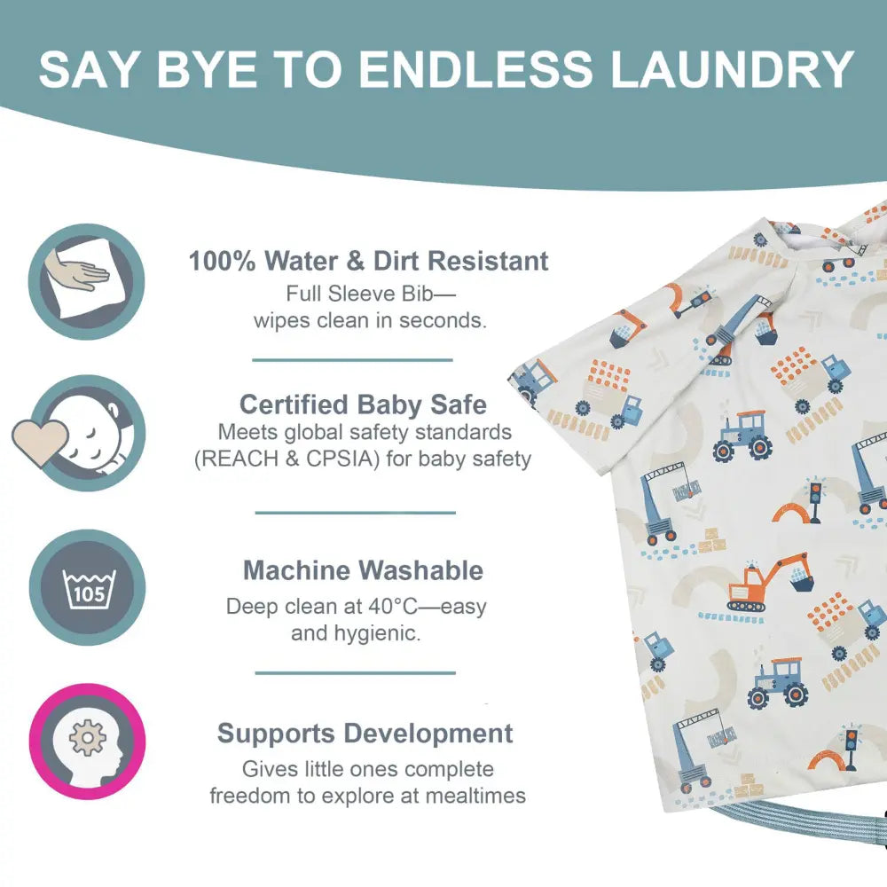 Bibado Stain &amp; Water Proof Short Sleeve Coverall Shirt Weaning Bib Little Loader - Grey - For Infants