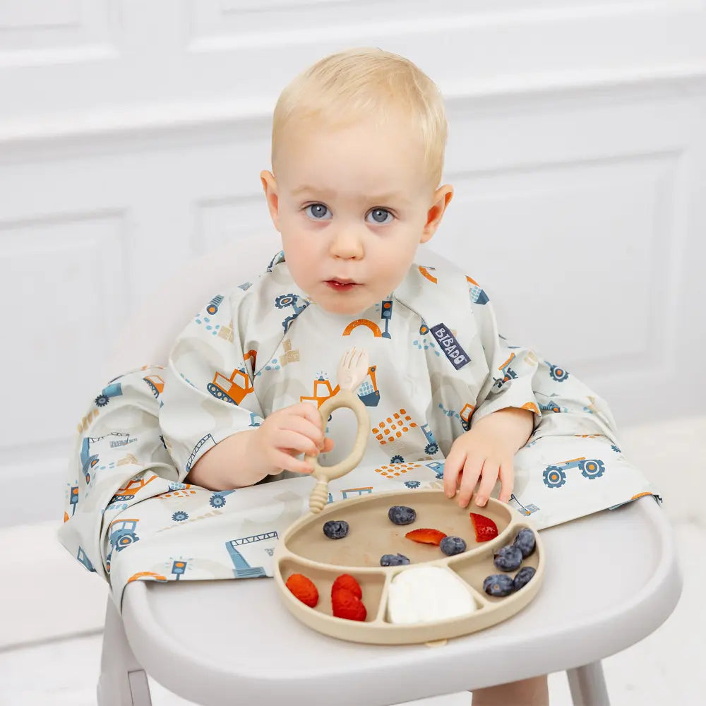 Bibado Stain &amp; Water Proof Short Sleeve Coverall Shirt Weaning Bib Little Loader - Grey - For Infants