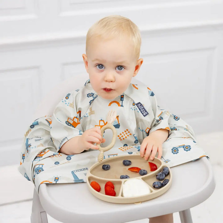 Bibado Stain &amp; Water Proof Short Sleeve Coverall Shirt Weaning Bib Little Loader - Grey - For Infants
