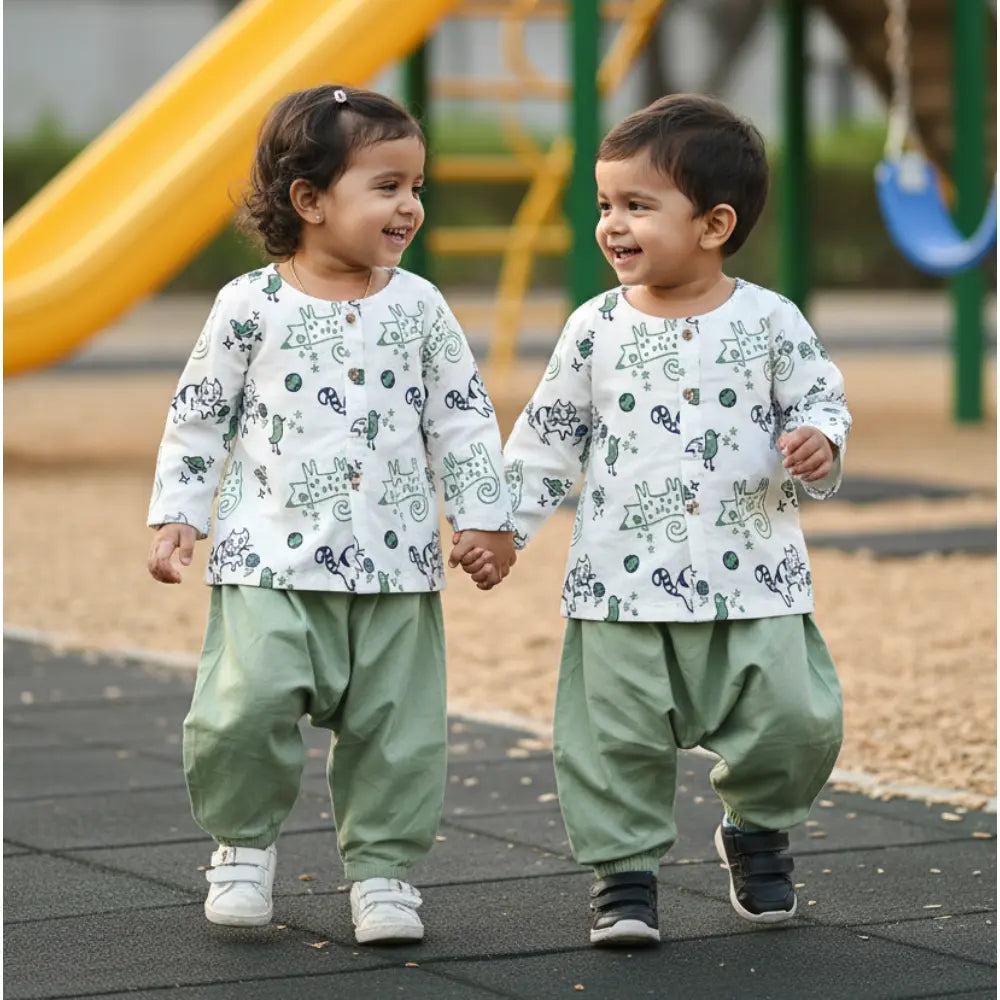 Whitewater Kids Unisex Organic Billi Mint Kurta With Mint Pajama Pants