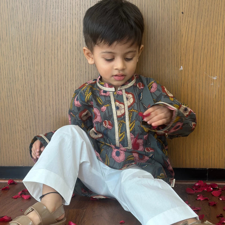 Dulaar Cotton Kurta Pyjama Set for Boys (Gota Work)-Blooming Bouquets