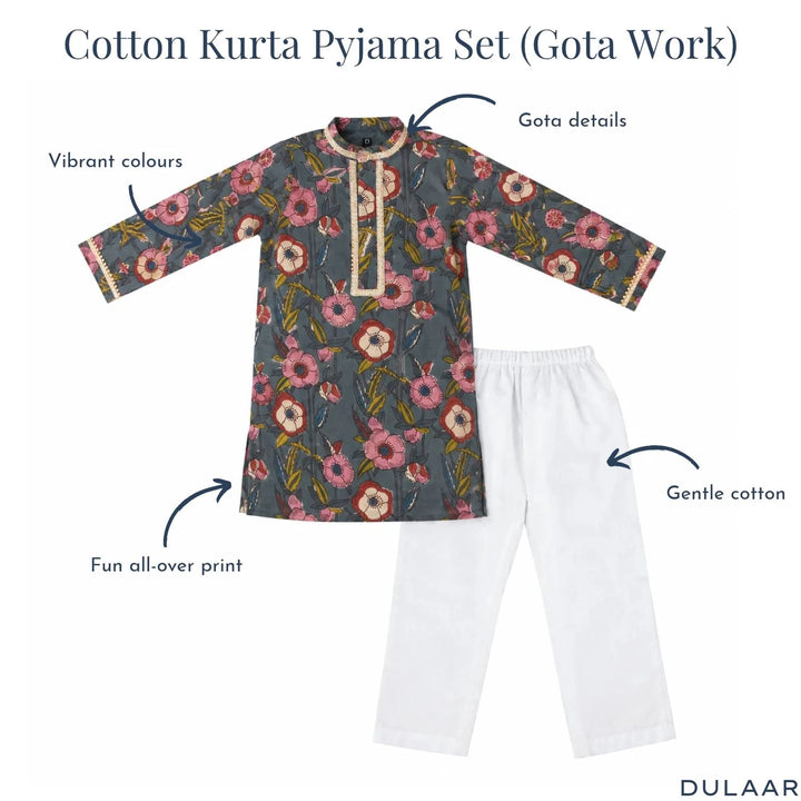 Dulaar Cotton Kurta Pyjama Set for Boys (Gota Work)-Blooming Bouquets