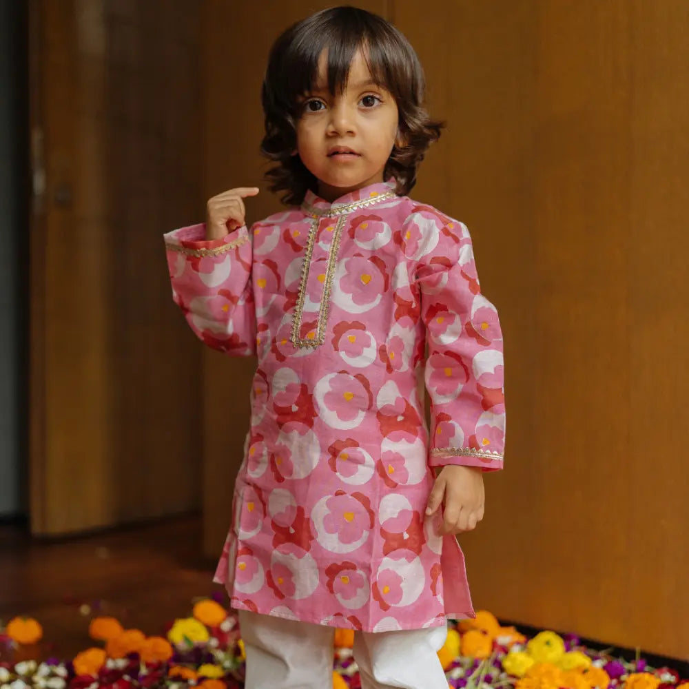 Dulaar Chanderi Kurta Pyjama Set | Hand-Block Printed (Gota Work) - Flowering Circles