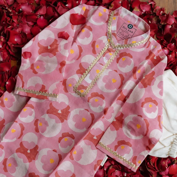 Dulaar Chanderi Kurta Pyjama Set | Hand-Block Printed (Gota Work) - Flowering Circles
