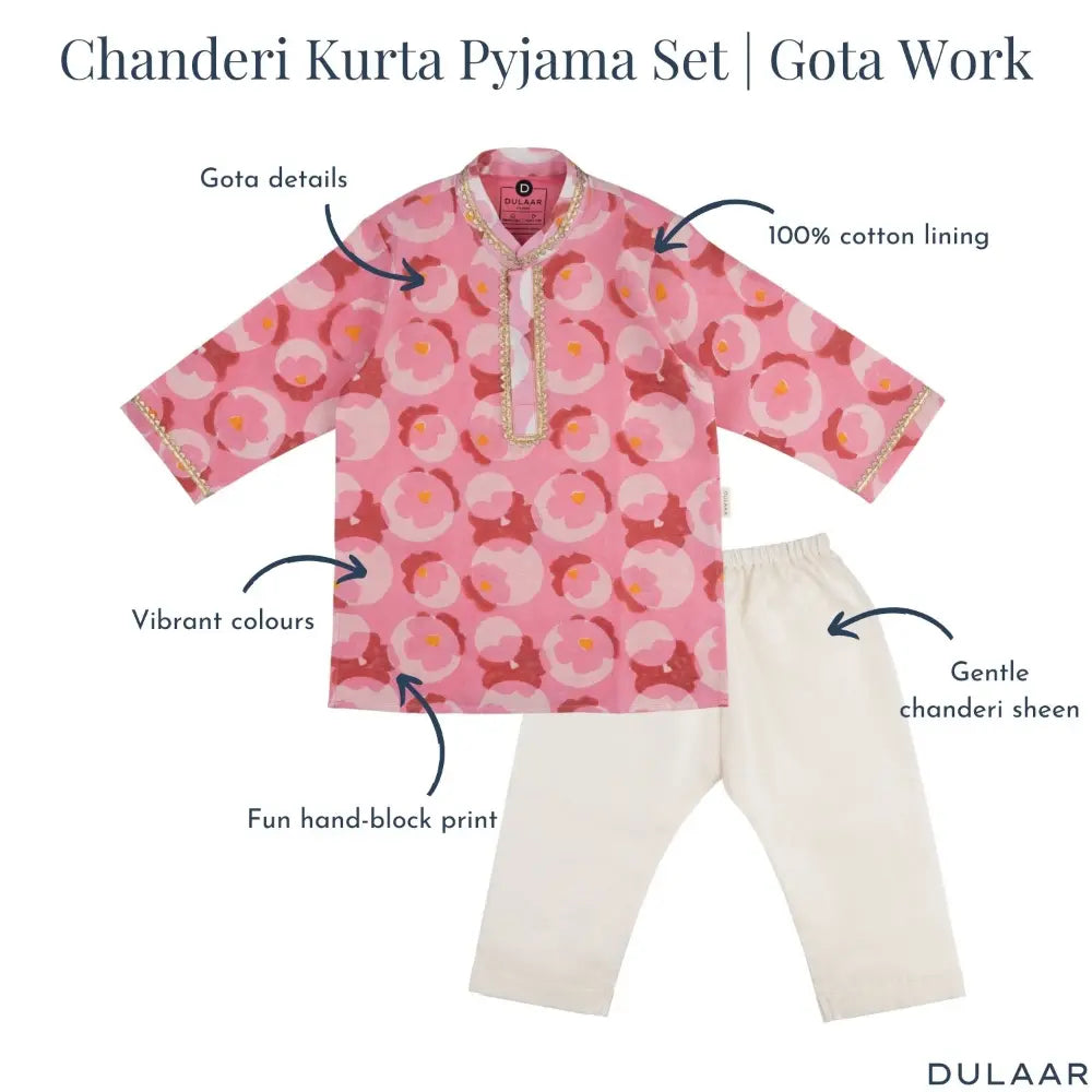 Dulaar Chanderi Kurta Pyjama Set | Hand-Block Printed (Gota Work) - Flowering Circles