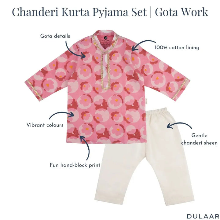 Dulaar Chanderi Kurta Pyjama Set | Hand-Block Printed (Gota Work) - Flowering Circles