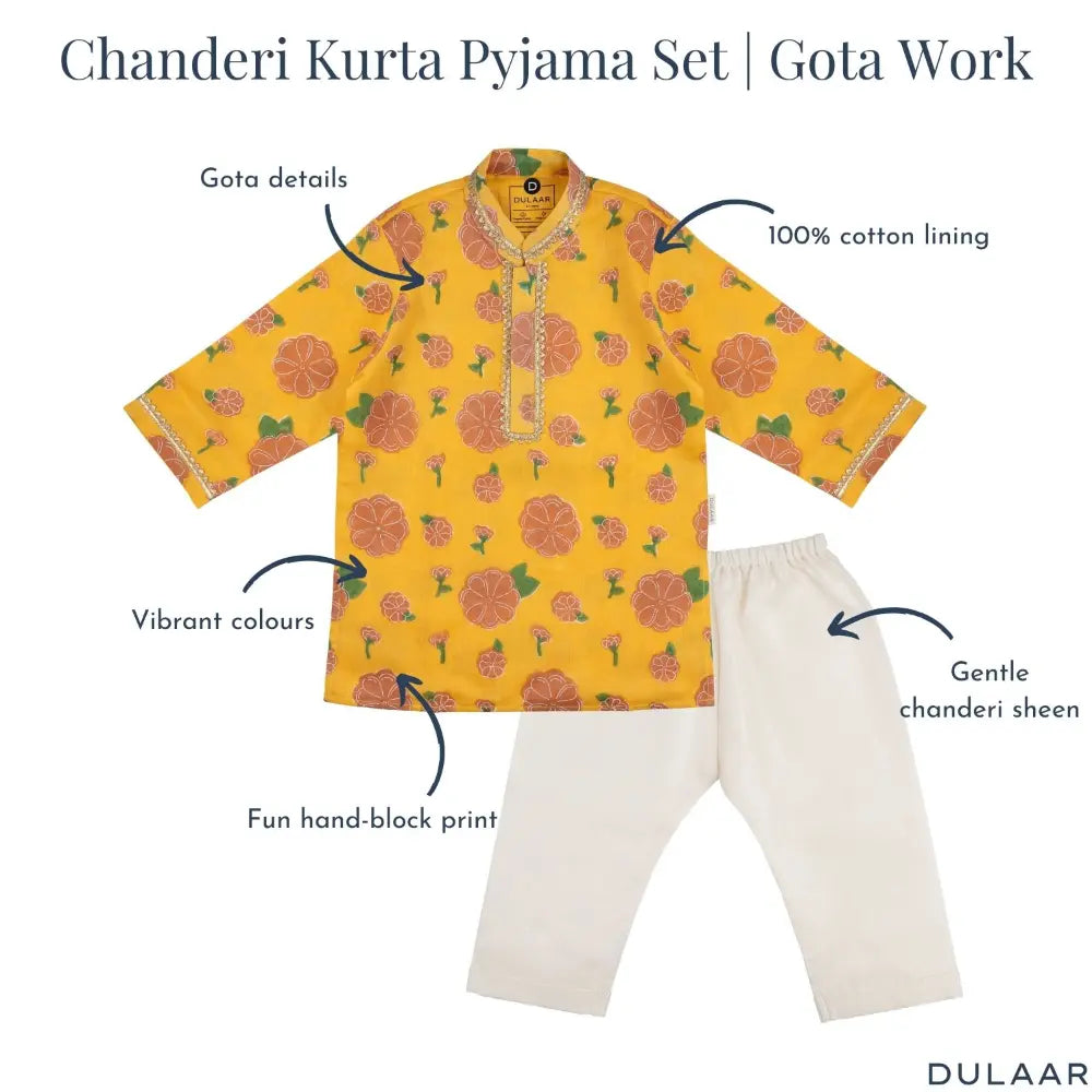 Dulaar Chanderi Kurta Pyjama Set | Hand-Block Printed (Gota Work) - Genda Phool
