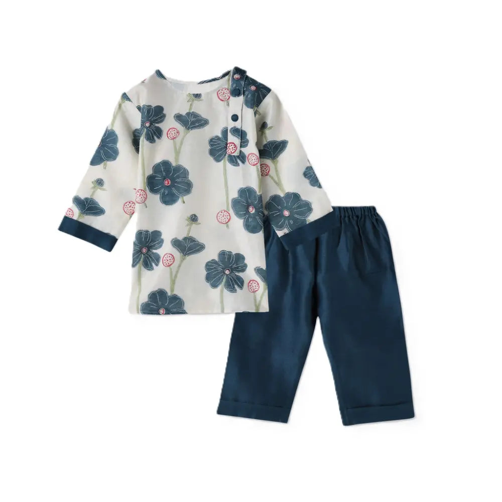 Dulaar Chanderi Kurta Pyjama Neutral Set - Poppy Fields Sapphire