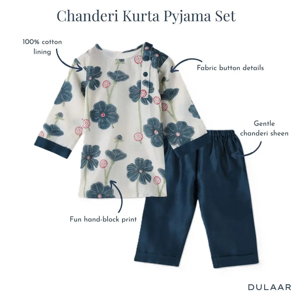 Dulaar Chanderi Kurta Pyjama Neutral Set - Poppy Fields Sapphire