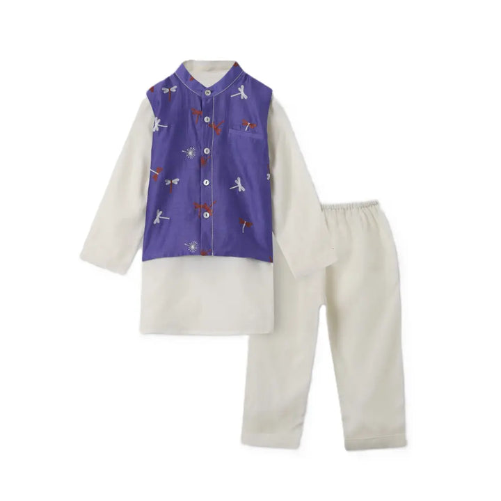 Dulaar Chanderi Kurta Pyjama &amp; Bandi Set - Dancing with Dragonflies