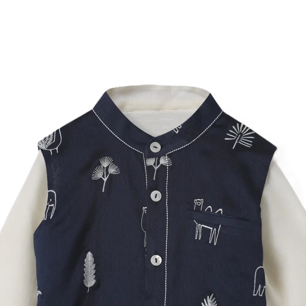 Dulaar Chanderi Kurta Pyjama &amp; Bandi Set - Magical Jungle
