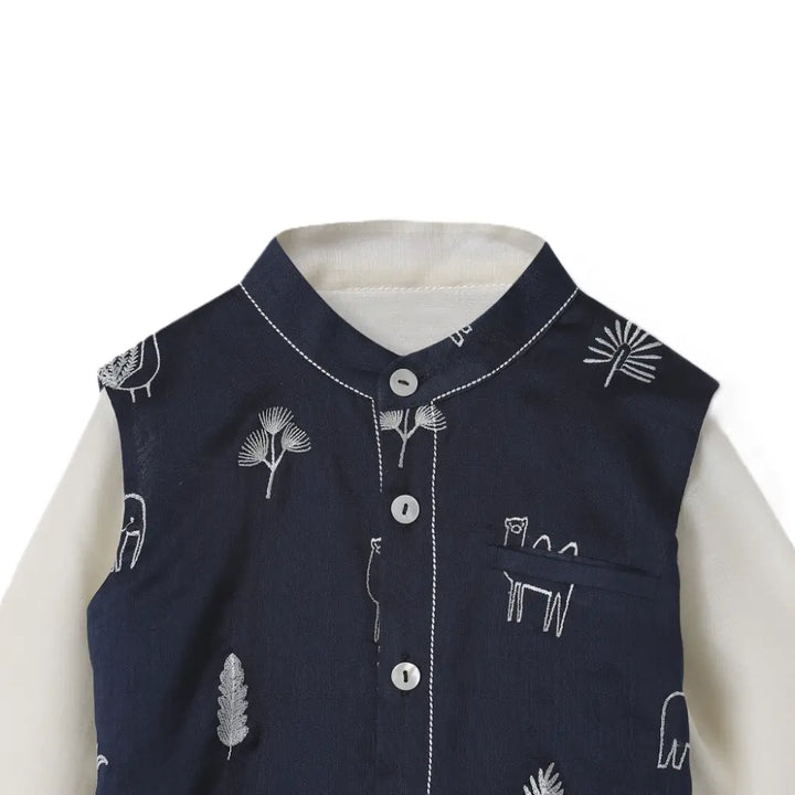 Dulaar Chanderi Kurta Pyjama &amp; Bandi Set - Magical Jungle