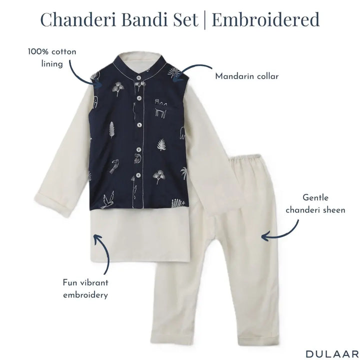 Dulaar Chanderi Kurta Pyjama &amp; Bandi Set - Magical Jungle