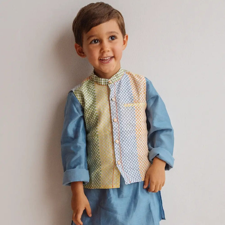 Dulaar Chanderi Kurta Pyjama Bandi Set - Spot The Checks Sky