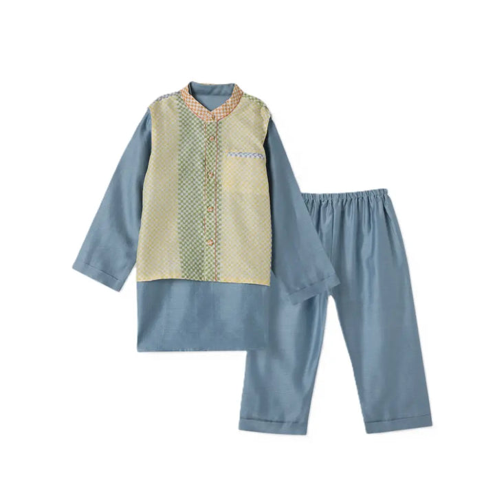Dulaar Chanderi Kurta Pyjama Bandi Set - Spot The Checks Sky