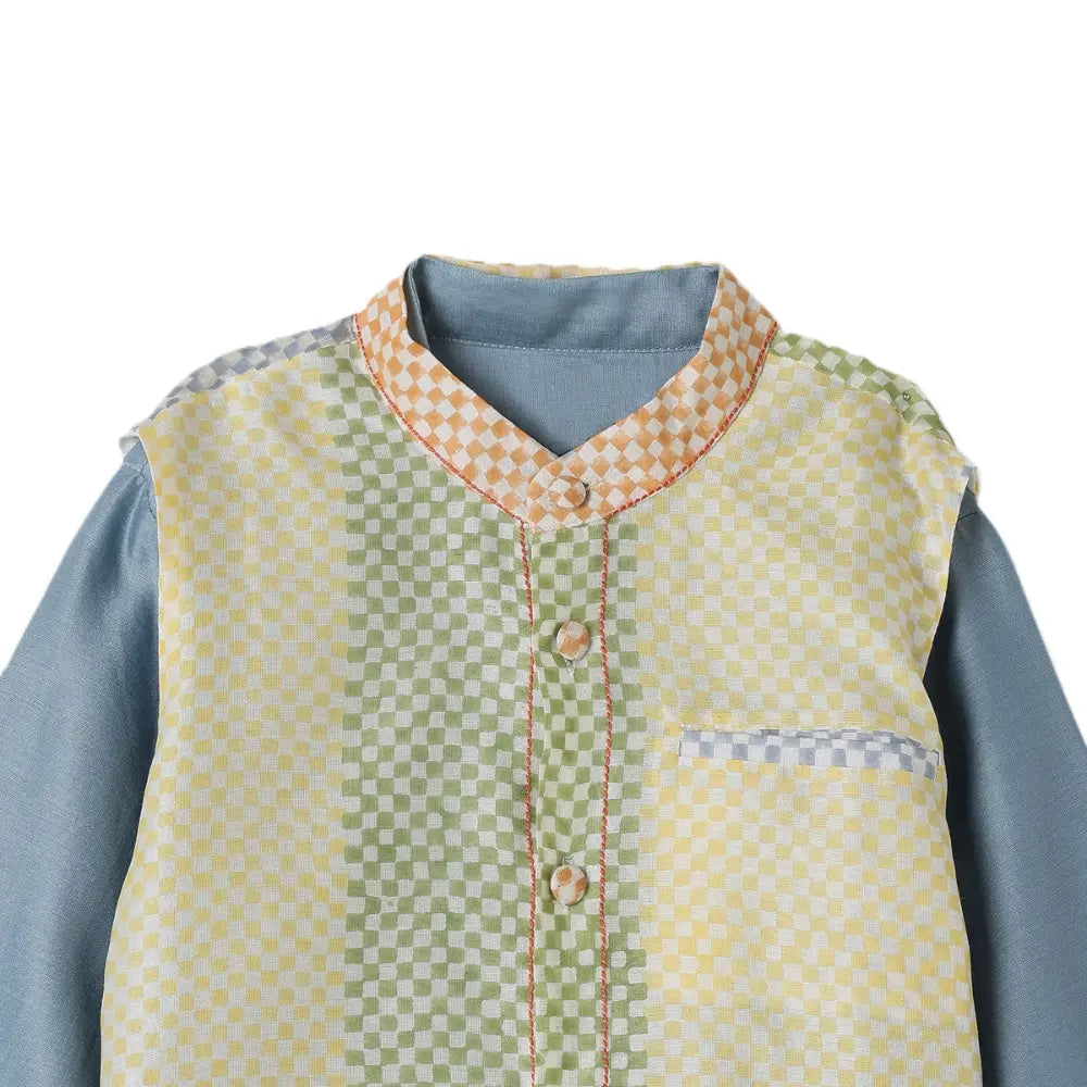 Dulaar Chanderi Kurta Pyjama Bandi Set - Spot The Checks Sky