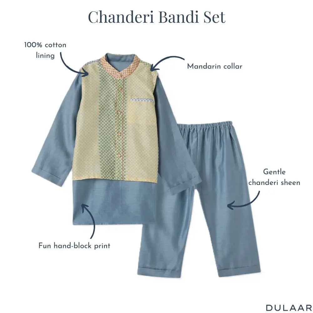 Dulaar Chanderi Kurta Pyjama Bandi Set - Spot The Checks Sky