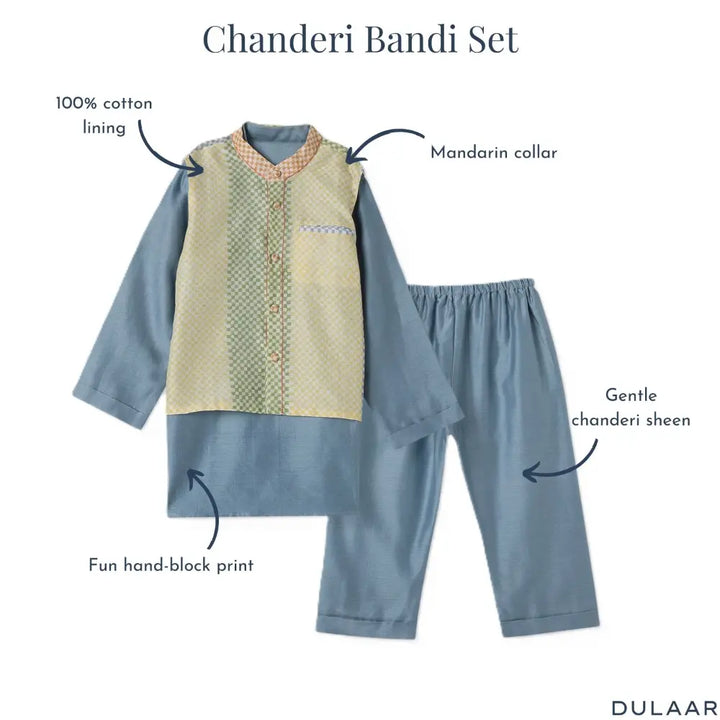 Dulaar Chanderi Kurta Pyjama Bandi Set - Spot The Checks Sky
